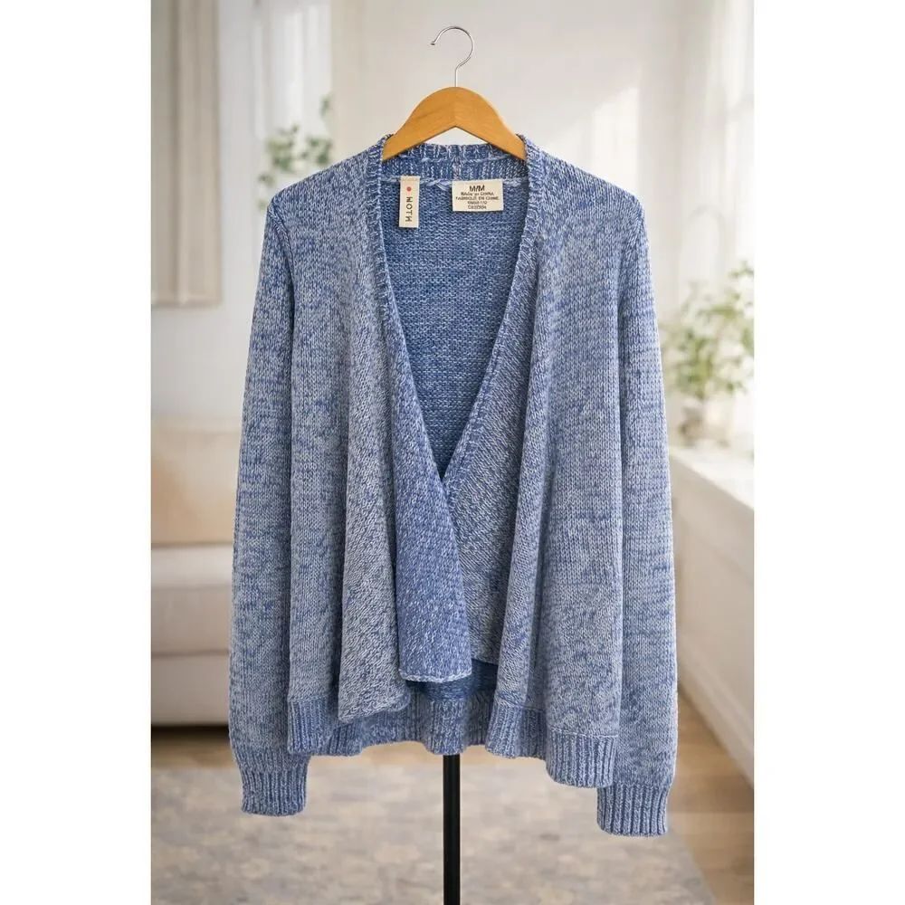 Anthropologie Moth Women’s Cardigan Sweater Blue Marled Open Front Ribbed Hem M